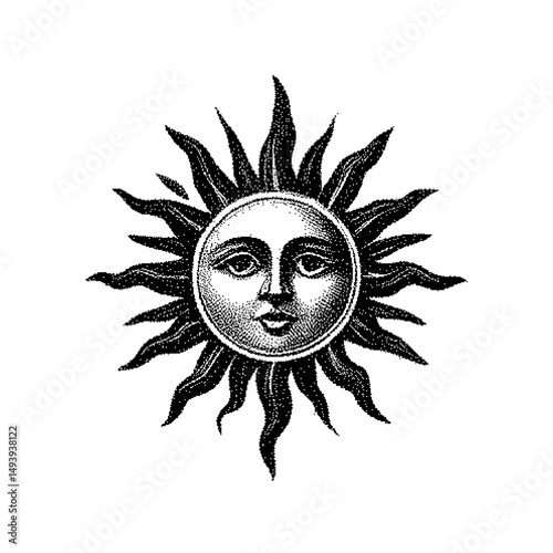 Illustration of a sun with a face and stylized rays