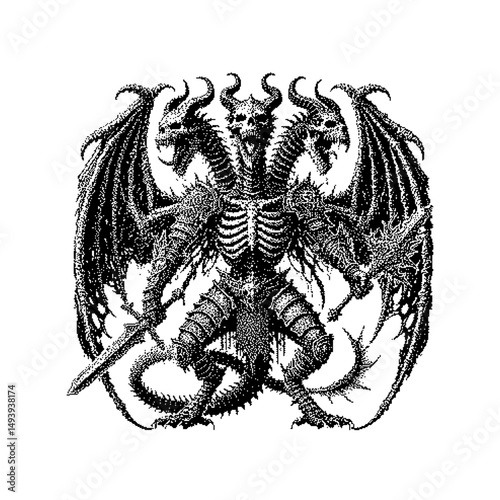Intricate black and white illustration of a two-headed dragon with skeletal features