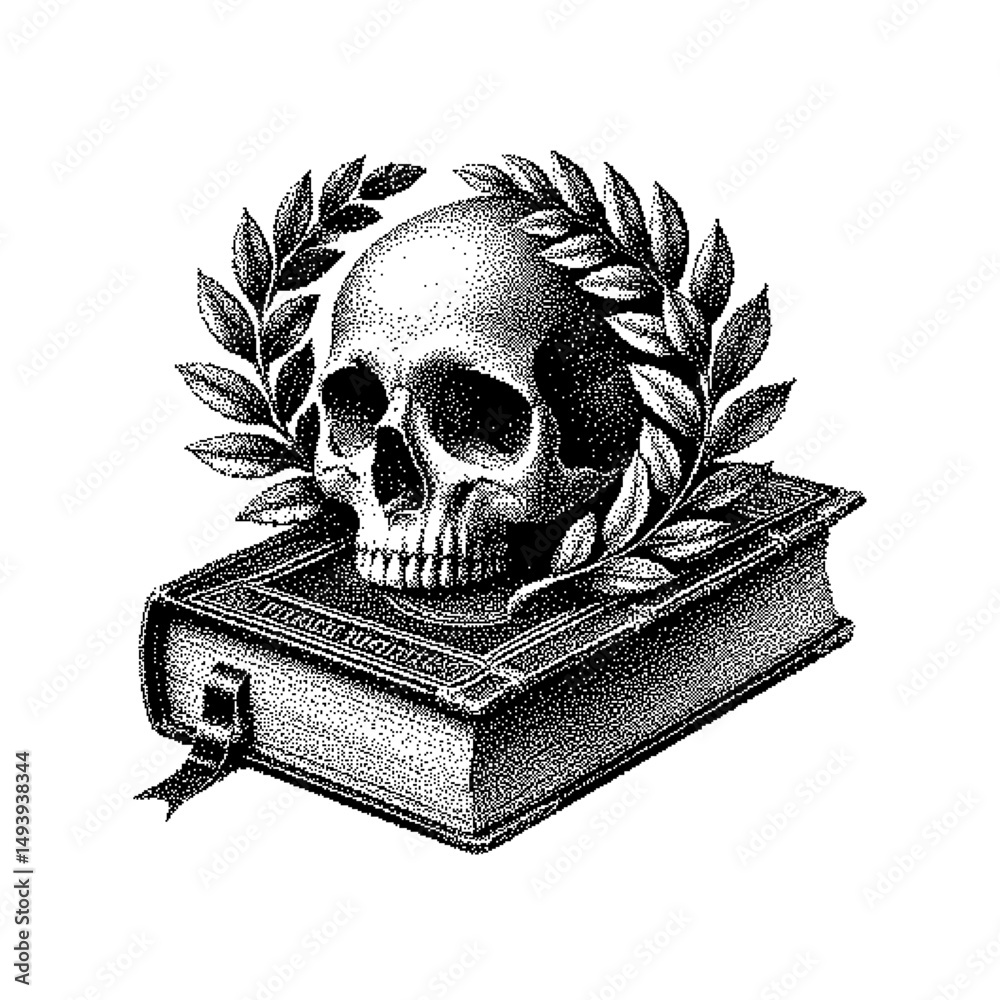 Skull atop a vintage book with laurel leaves, showcasing dark academia style