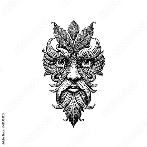 Intricate black and white illustration of a mythical face adorned with foliage
