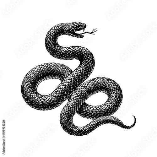 Black and white illustration of a coiled snake with a raised head