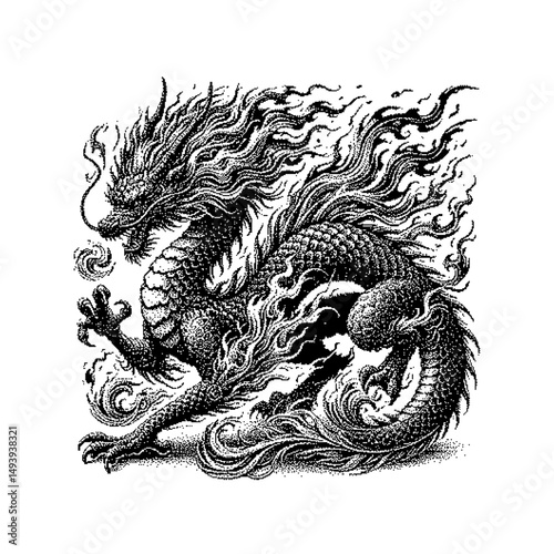 Intricate black and white illustration of a mythical dragon with flames