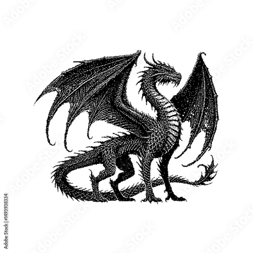 Intricate black and white dragon illustration featuring detailed scales and wings