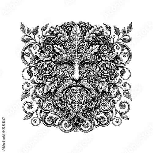 Intricate black and white illustration of a nature-inspired face surrounded by foliage