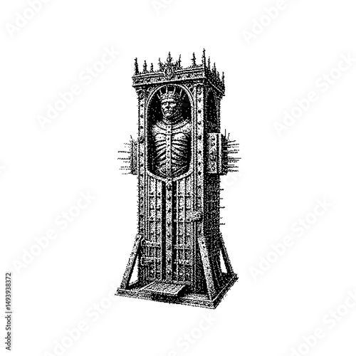 Wooden figure in a gothic style, intricately carved with detailed textures.