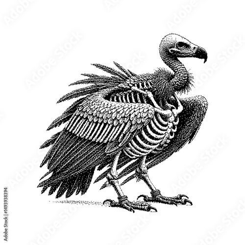 Intricate illustration of a skeletal vulture emphasizing detailed anatomy and texture