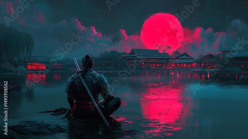 A serene scene of a samurai warrior in silhouette, meditating by the water under the moon's soft light, captures the essence of traditional Japanese culture and calmness