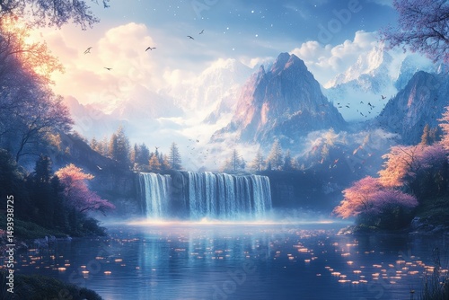 Mystical landscape featuring dark mountains and a serene lake under a blue moonlit sky during twilight hours