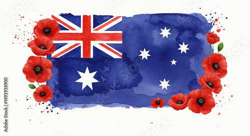 Australian flag watercolor with poppies and the remembrance day phrase lest we forget on white background