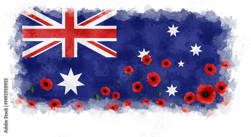 Australian flag with poppies and stars and the words leest we forget in a watercolor style design