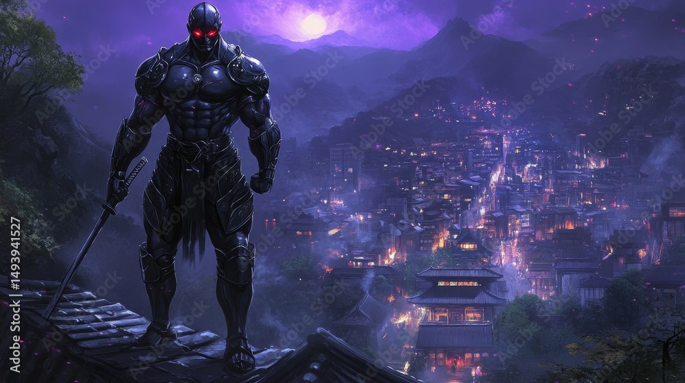 Naklejka premium Feudal Japan's city at dusk is the backdrop for a powerful samurai warrior with a glowing katana in dark fantasy art featuring vibrant colors