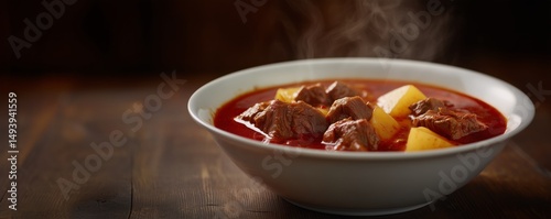 Steaming hungarian goulash in a bowl with potatoes in rich sauce