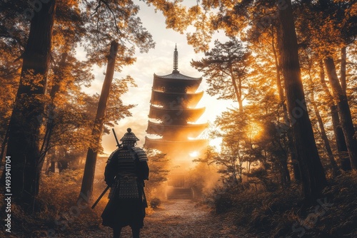 A samurai at the forest's periphery stands motionless, gazing out into the distance at a shrine that shines with a soft light under the twilight