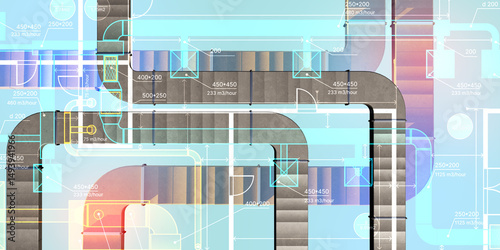 Detailed HVAC ductwork system overlaid on architectural blueprint, illustrating airflow design and engineering layout. – HVAC Design. Architecture. Engineering 3d image