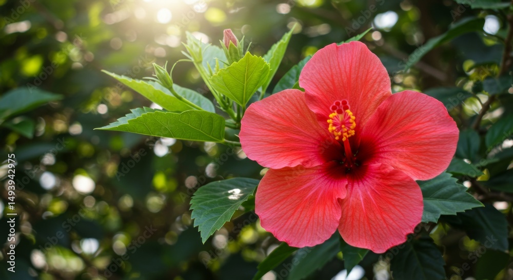 Obraz premium Red Hibiscus Flower Close Up in Sunlight