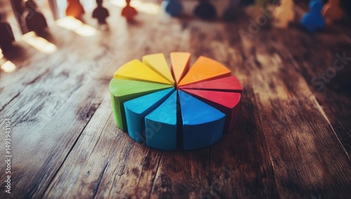 Colorful pie chart on wooden table, representing data segments