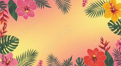Tropical Flowers Frame on Warm Gradient Background