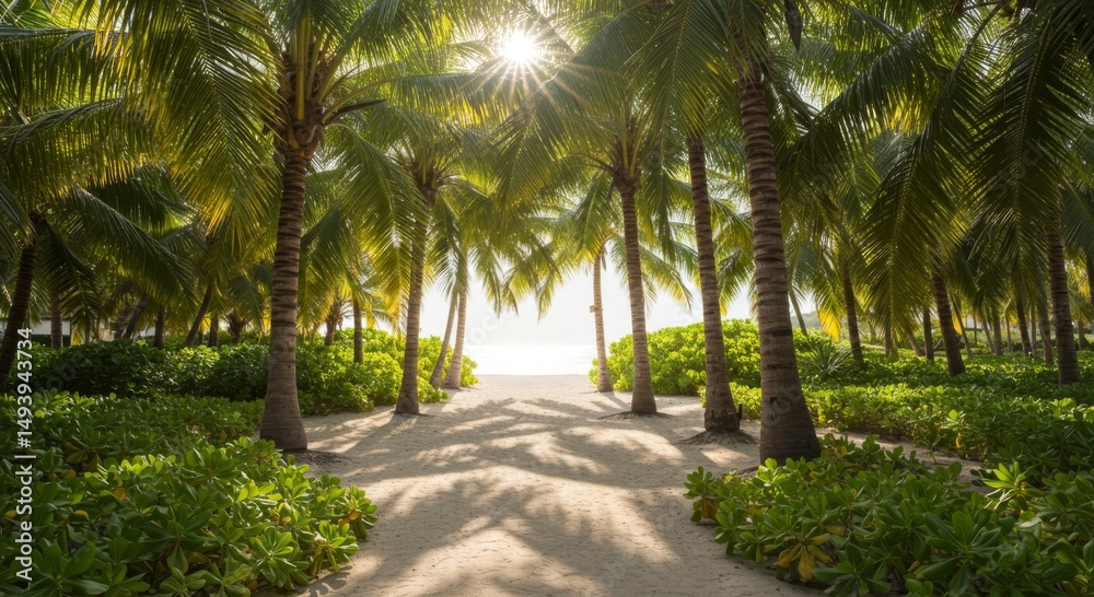 Fototapeta premium Sunlit Path Through Lush Tropical Palms to Sandy Beach