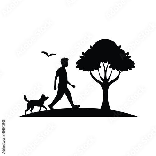Man and Dog Under Floating Elements Silhouette
