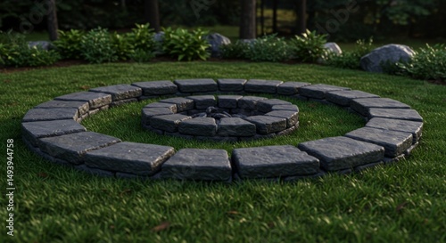 Circular Stone Fire Pit in a Green Grass Garden