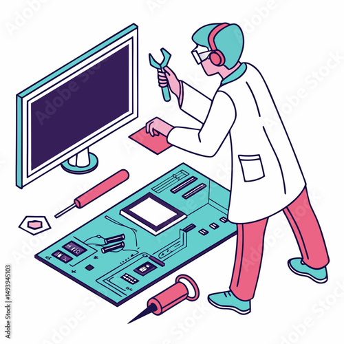 Professional technician repairing computer screen isometric illustration