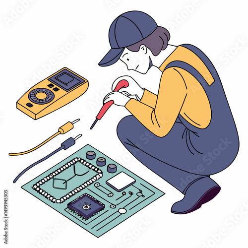 Technician repairing circuit board with soldering iron