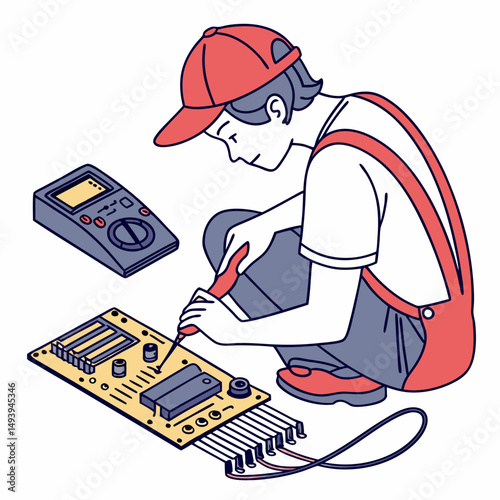 Technician repairing electronic circuit board