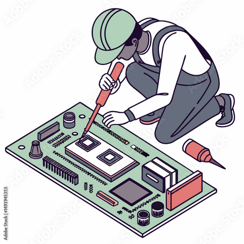 Technician soldering computer circuit board repair
