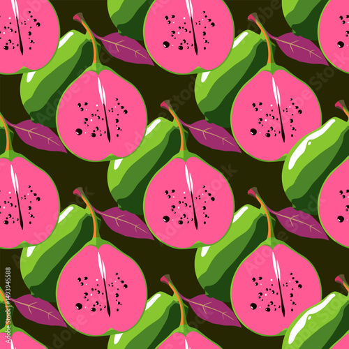 Bright vector seamless pattern with guava plants on dark green background