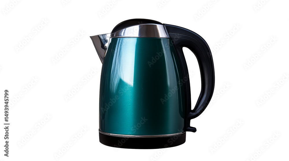 Teal electric kettle with black handle and chrome accents, cut out transparent Teal electric kettle with black handle and chrome accents, cut out transparent