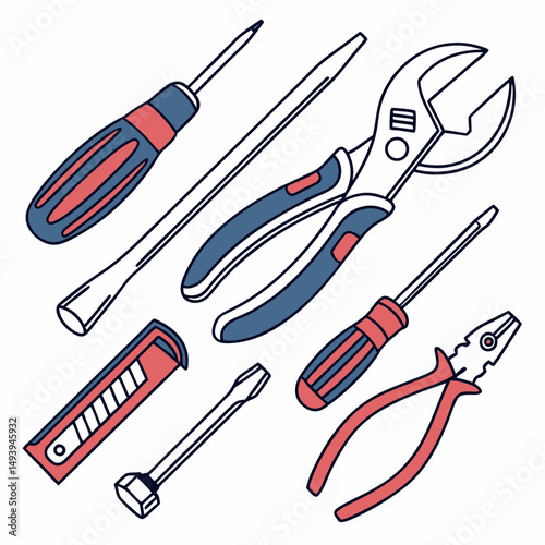 Professional hand drawn tools set isolated on white