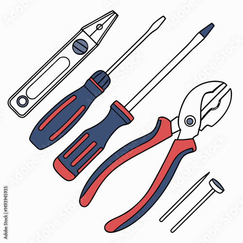Handyman tools kit screwdrivers pliers level nails