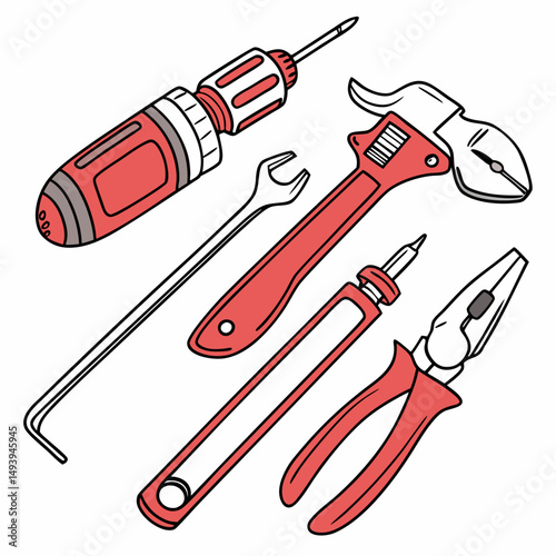 Professional red tools set isolated cutout illustration