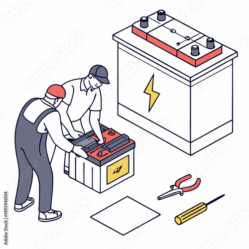 Mechanics replacing car battery isometric illustration