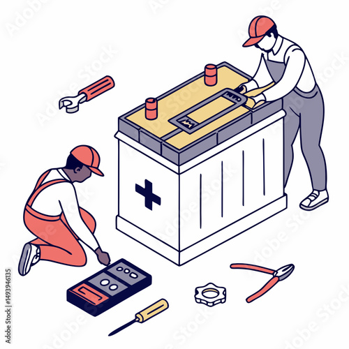 Mechanics repairing car battery clean cutout image