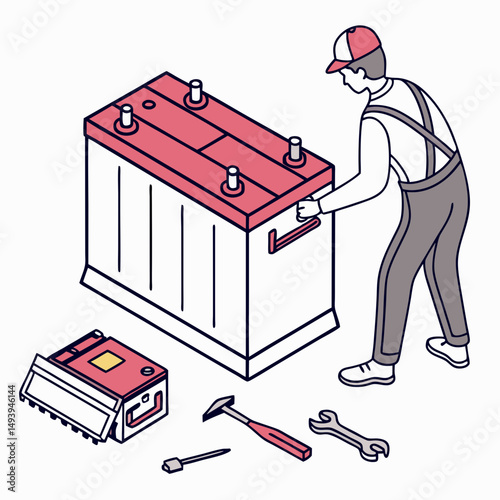 Mechanic replacing car battery isometric illustration