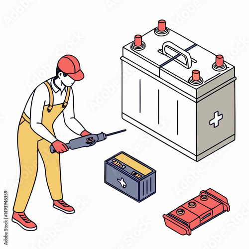 Mechanic repairing car battery with power tool
