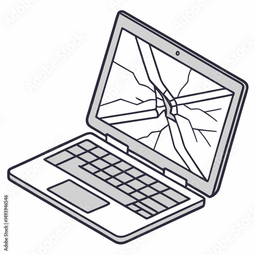 Cracked laptop screen isolated on white background