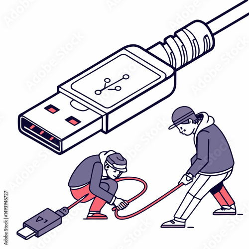 Connecting people usb cable data transfer illustration
