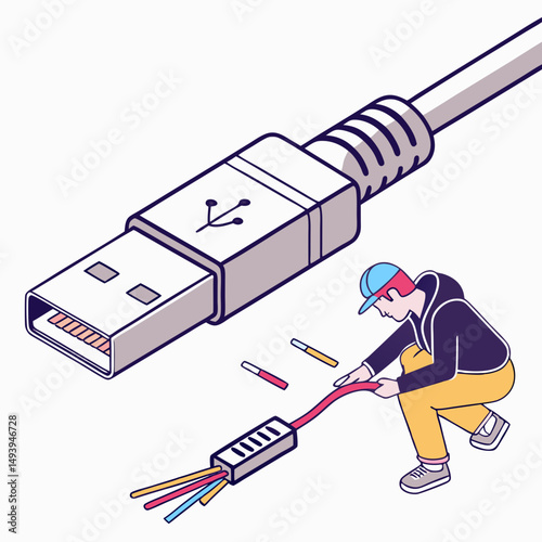 Professional usb cable repair illustration, isolated cutout