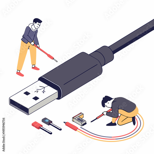 Repairing usb cable, isometric illustration, clean cutout