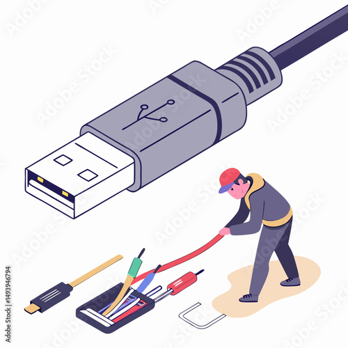 Usb cable repair technician isometric illustration transparent background