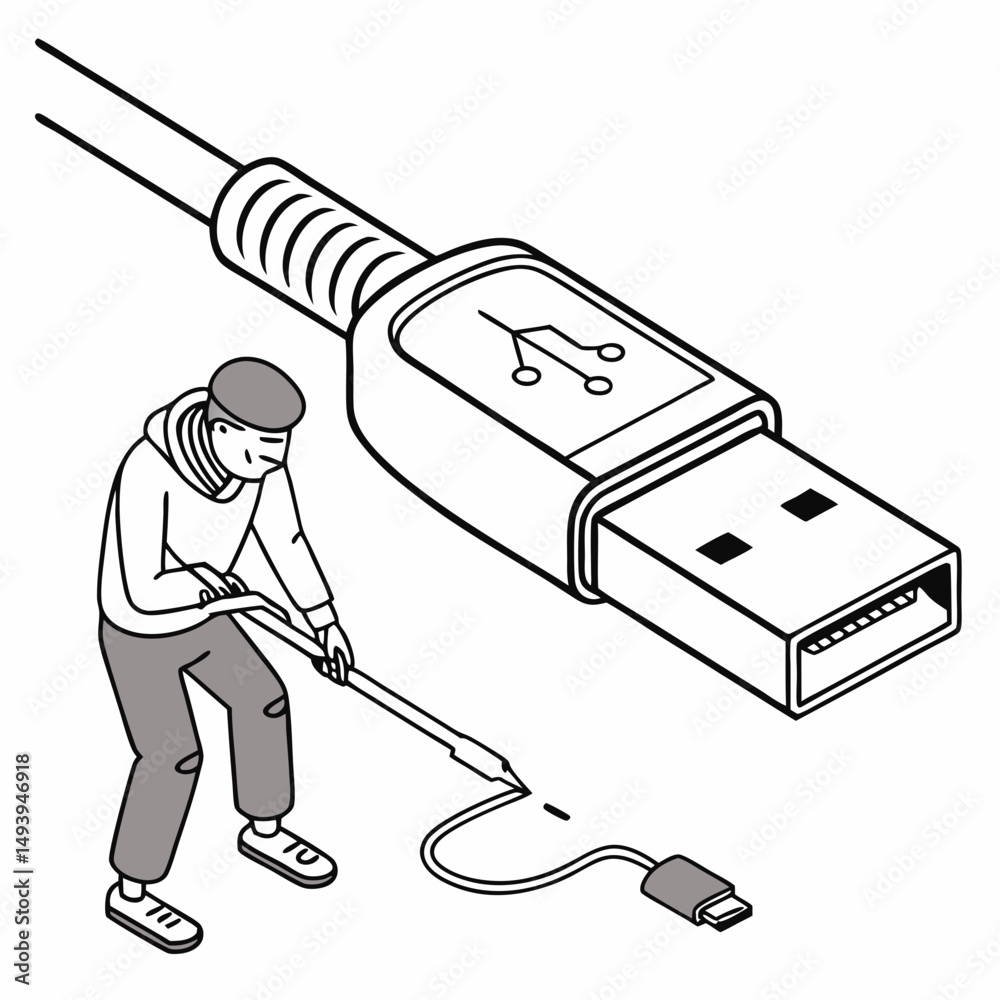 Person drawing usb cable connection technology illustration