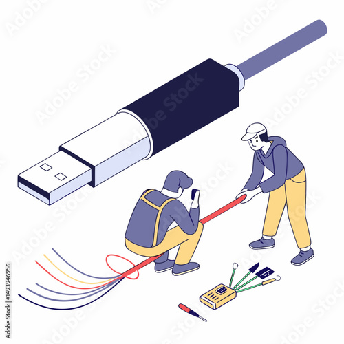 Technicians repairing usb cable data wire professional design