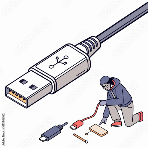 Professional usb cable repair illustration, transparent background