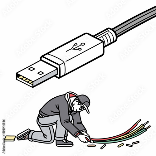 Man repairing damaged usb cable wires