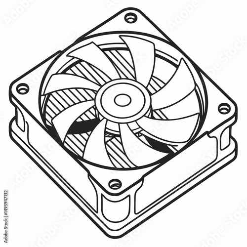 Computer cooling fan isometric line art illustration