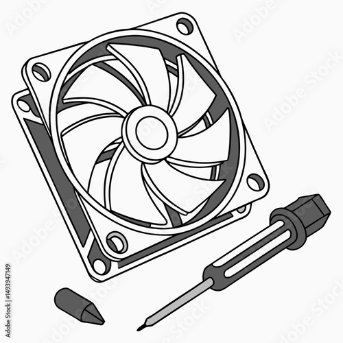 Computer cooling fan with screwdriver, isolated, transparent background