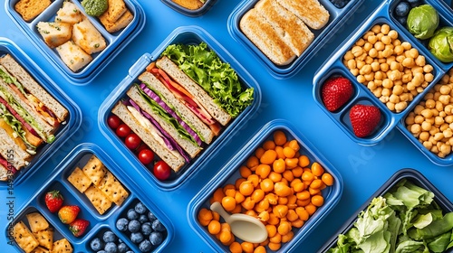 Colorful lunchboxes filled with healthy snacks and sandwiches.