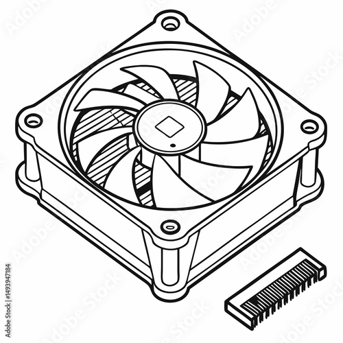 Computer cooling fan isometric line art illustration